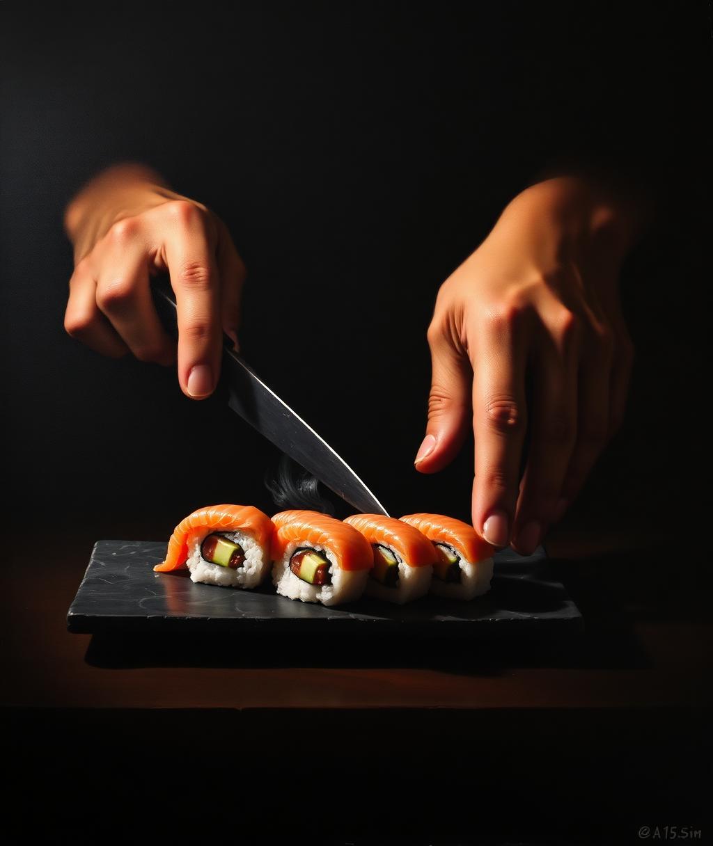 Sushi chef's hands plating with a Japanese knife